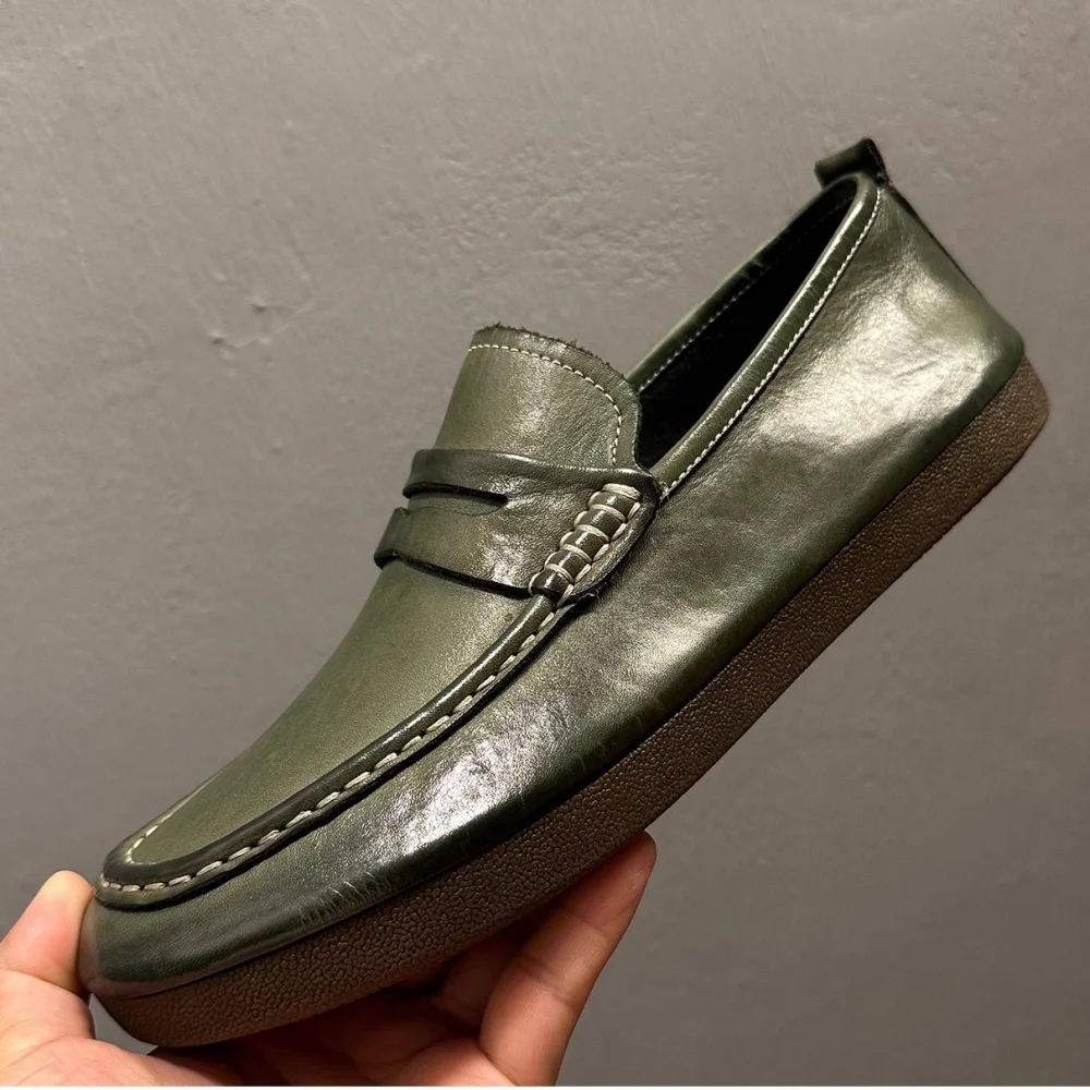 

QHCCID Elegant Dark Green High Quality Horse leather Handmade Loafers Casual Shoes Business Formal Shoes Men's Shoes