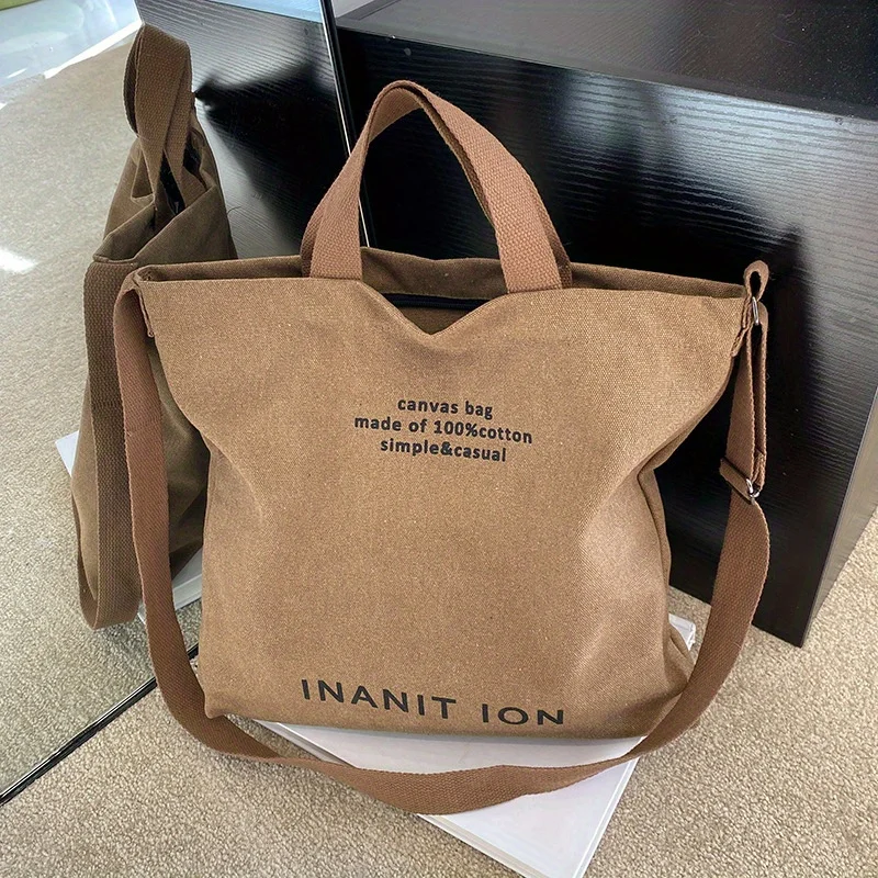 Fashionable Japanese Canvas Tote Bag with Letter Print, Large Capacity Casual Hand-held Shoulder Bags, Suitable for Commuting
