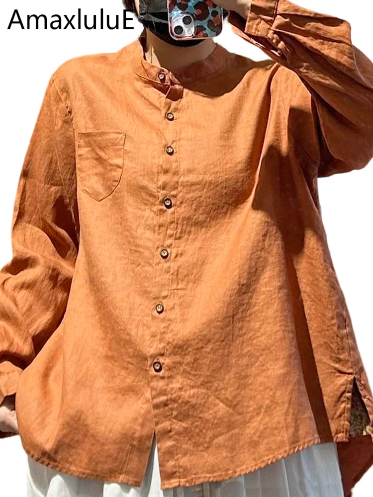 

Amax LuluE 2026 Spring Womens Fashion Korean Leisure Shirts Loose Classic Cotton Tops Ladies Vintage Solid Long Sleeve Blouses