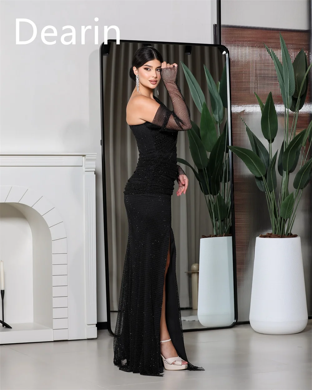 Customized Dearin One Shoulder Column Floor Length Tassel Sequin Bespoke Occasion Dresses