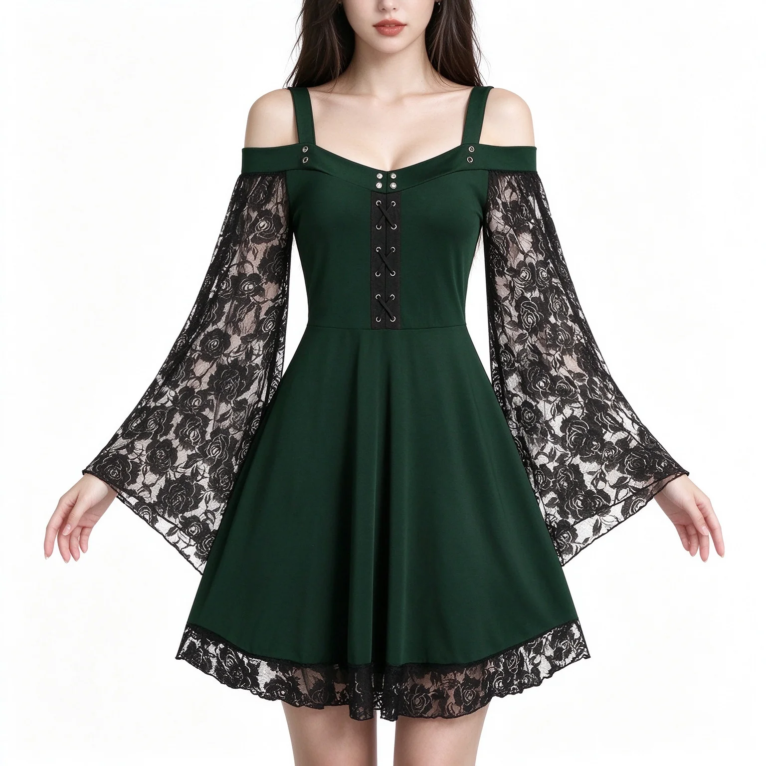 One shoulder flared sleeve lace patchwork artistic retro dress for women's casual dress view 3