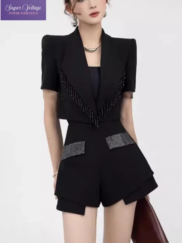

Summer Fashion Black Slim Blazer Women's French Elegant Short Sleeve Slim Vest 2025 Korean Chic Office Lady Clothes