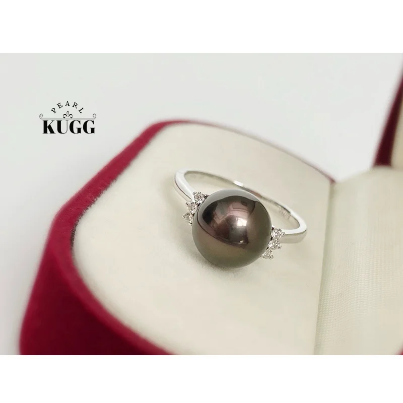 KUGG PEARL 18K Yellow Gold Ring Shiny Diamond 9-10mm Natural Tahitian Black Pearl/South Sea Gold Pearl Ring for Women Wedding