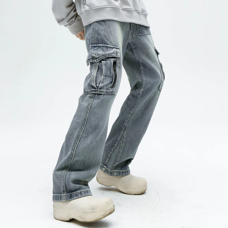 Cargo Jeans Men Loose Pockets Asymmetrical Korean Style Daily Spring Autumn Ankle Length All-match Denim Do Old Minimalist 2023