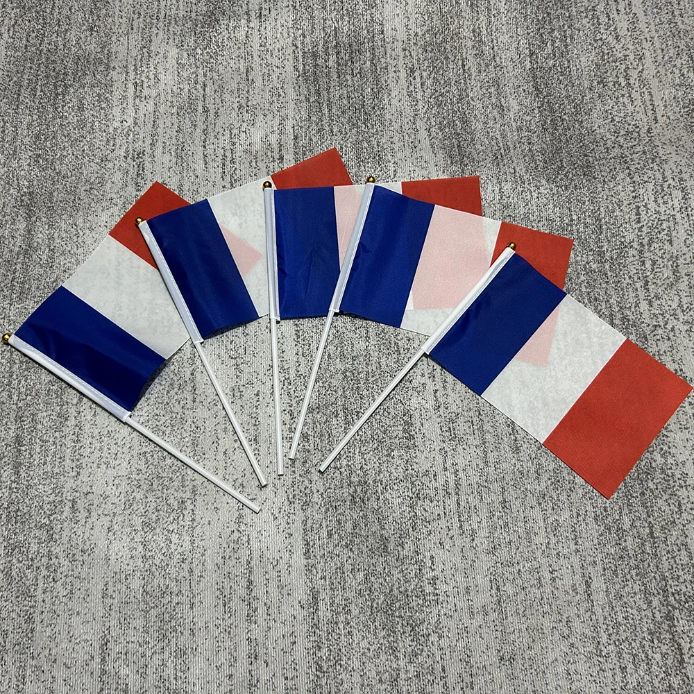 

France flag 14x21cm 100pcs The French flag hand waving flags with Plastic Flagpoles Activity parade Sports Home Decoration