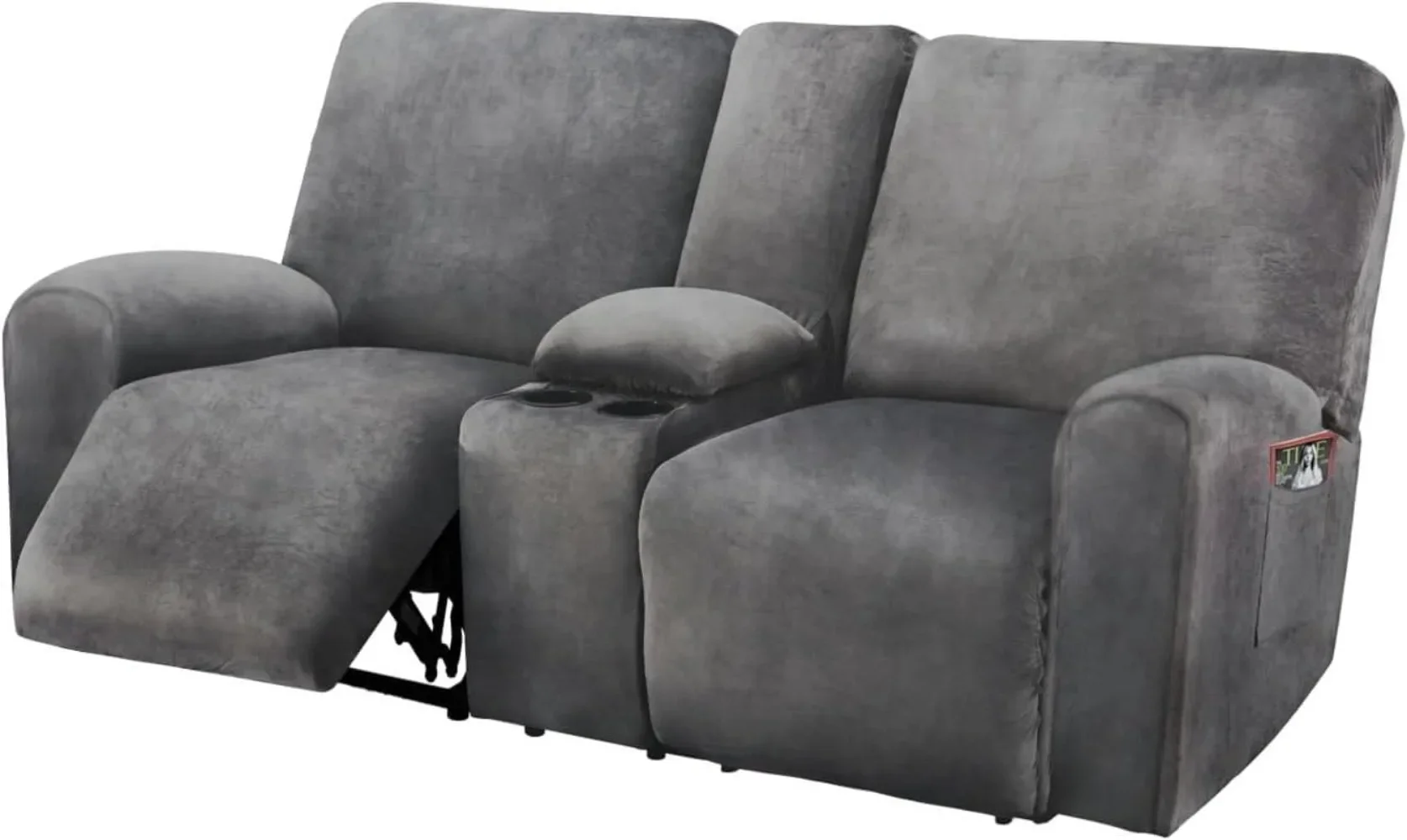 Reclining Loveseat with Middle Console Slipcover, 8-Piece Velvet Stretch Sofa Covers, 2 seat Loveseat Recliner Cover