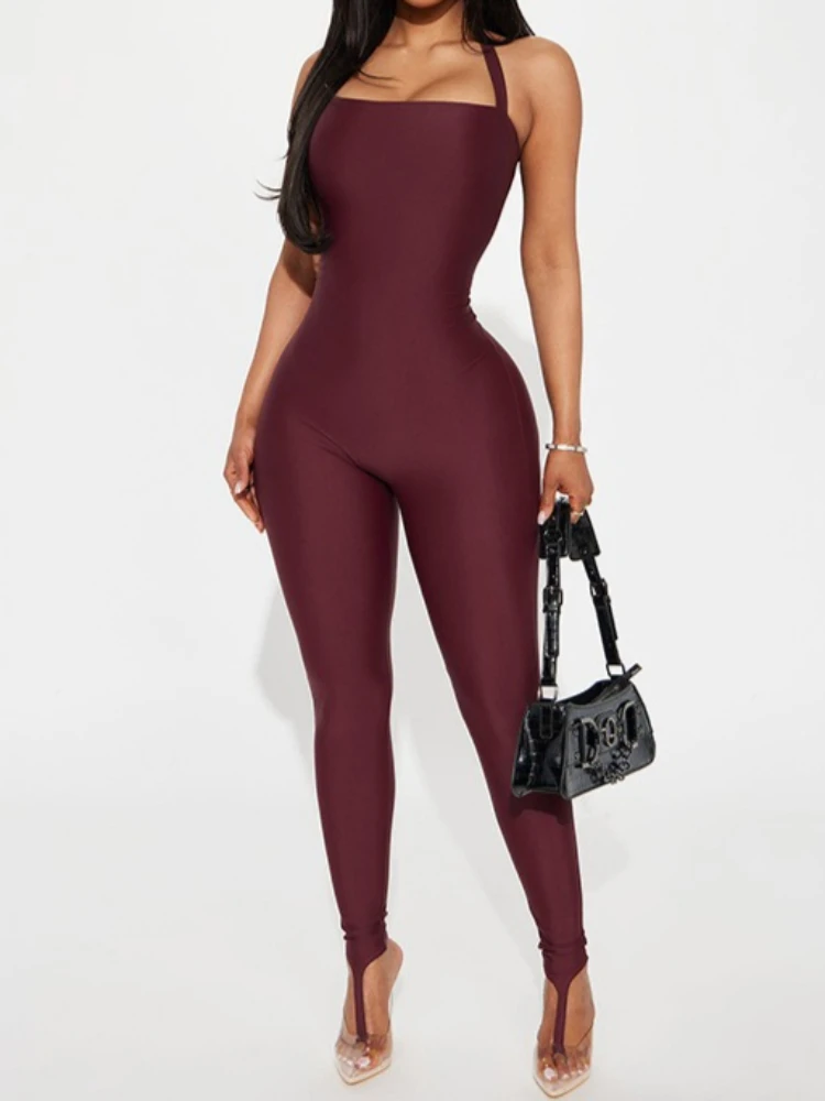 

Foamlina 2026 Новинка: Сексуальный клубный комбинезон для женщин, однотонный, с вырезом на шее, без рукавов, с открытой спиной, цельный, модный, эластичный, для вечеринок