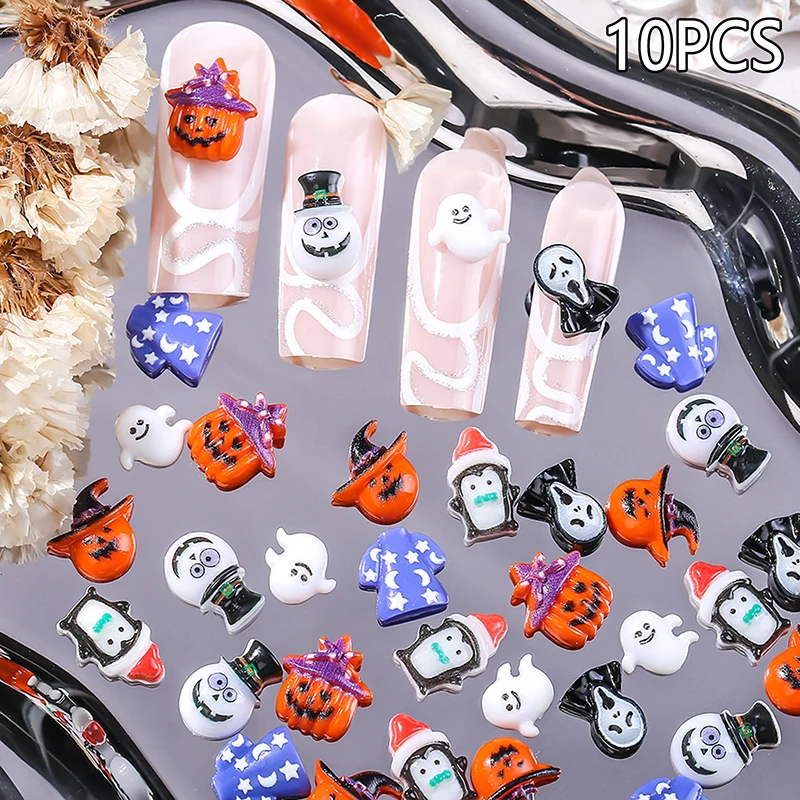 10PCS Halloween Cartoon Nail Accessories Cute Little Ghosts Ghostly Pumpkin DIY Resin Manicure Jewelry Decoration