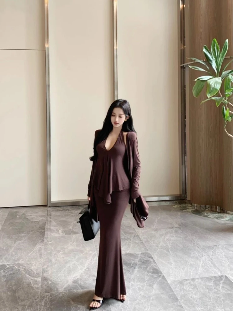 

Halter Neck Tank Top Irregular Long Sleeve Cardigan Mermaid Midi Skirt Women's Fall Three Piece Outfit Set