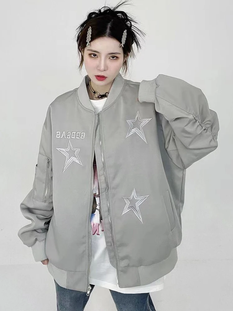 Jmprs Y2K Star American Baseball Jacket Women Loose Gothic Streetwear Coats Vintage Long Sleeve Letter Casual Bf Harajuku Tops