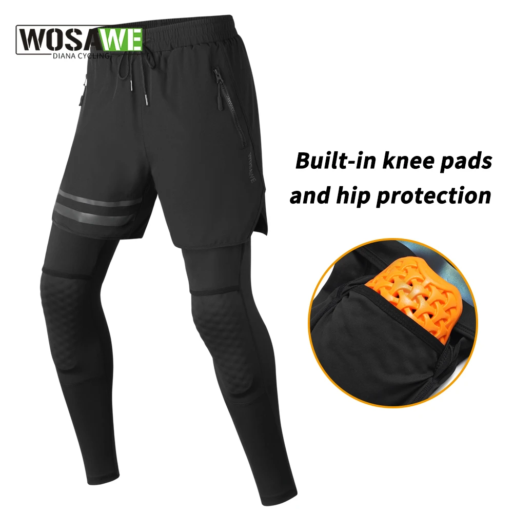 Men's 2 in 1 Running Pants Workout Pant Compression Leggings knee pads and hip protection Pockets Sweatpants Motorcycle Trousers