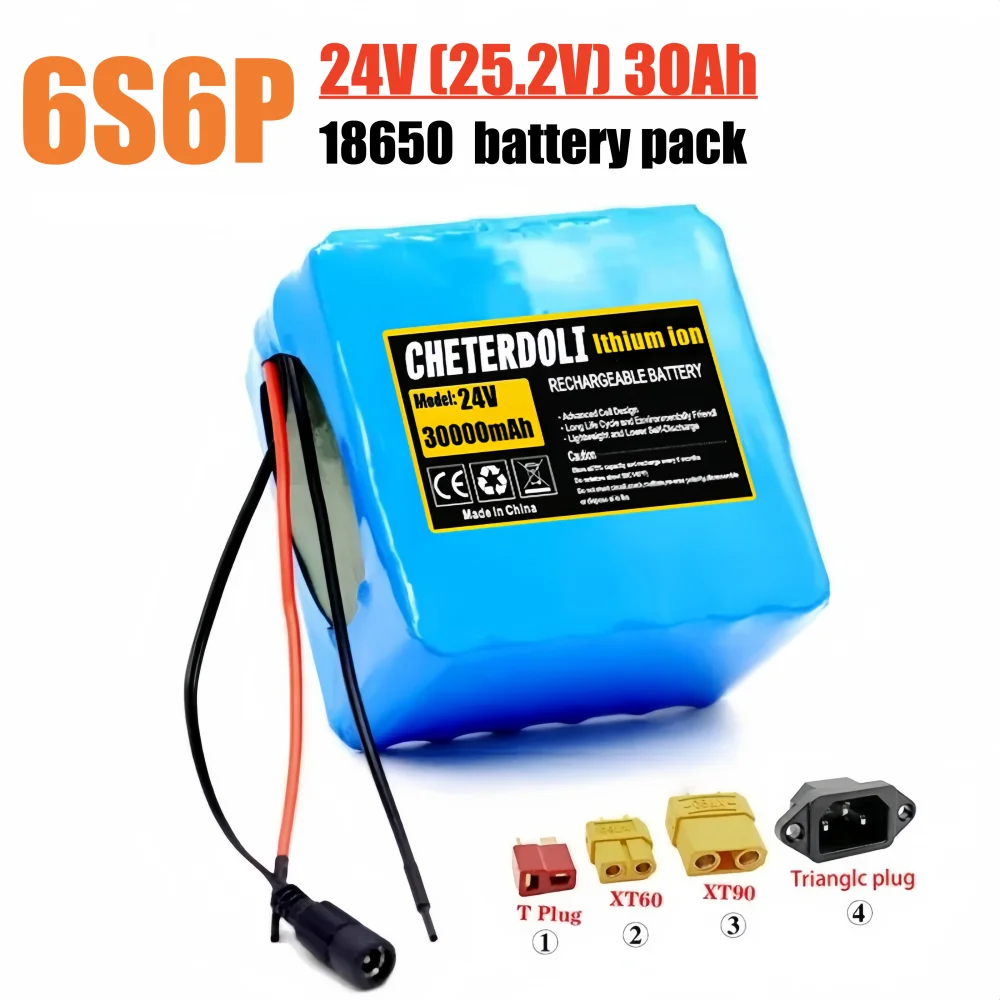 24V 30000mAh Battery 6S6P 18650 Lithium- Ion Battery 30Ah 18650 Rechargeable Battery Built-in BMS with 25.2V 2A Charger