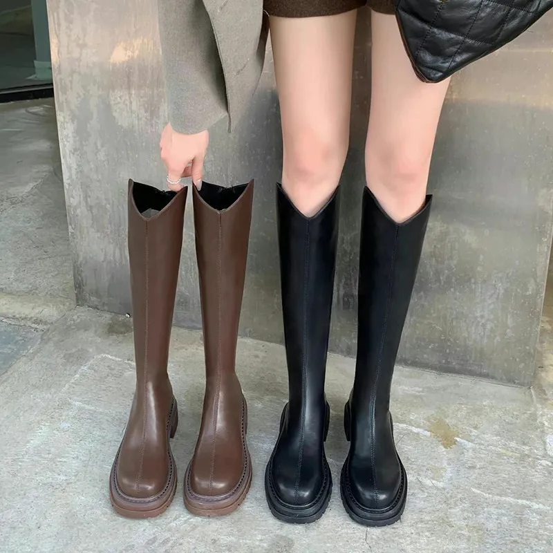 Fashion Women Boots Autumn Winter Warm Female Leather Shoes Zipper Boots Knee High Boot Black Warm Ladies Shoes