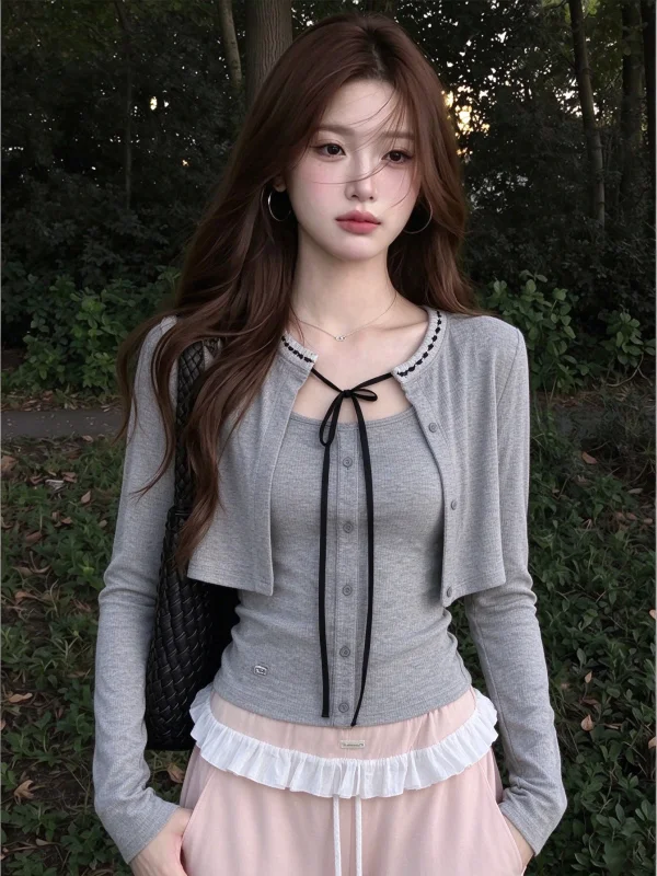 Korean Style Sexy Pure Desire High-End Feelings Women's Grey Lace Trim Open Cardigan Strap Top Set Autumn Fashion Ensemble