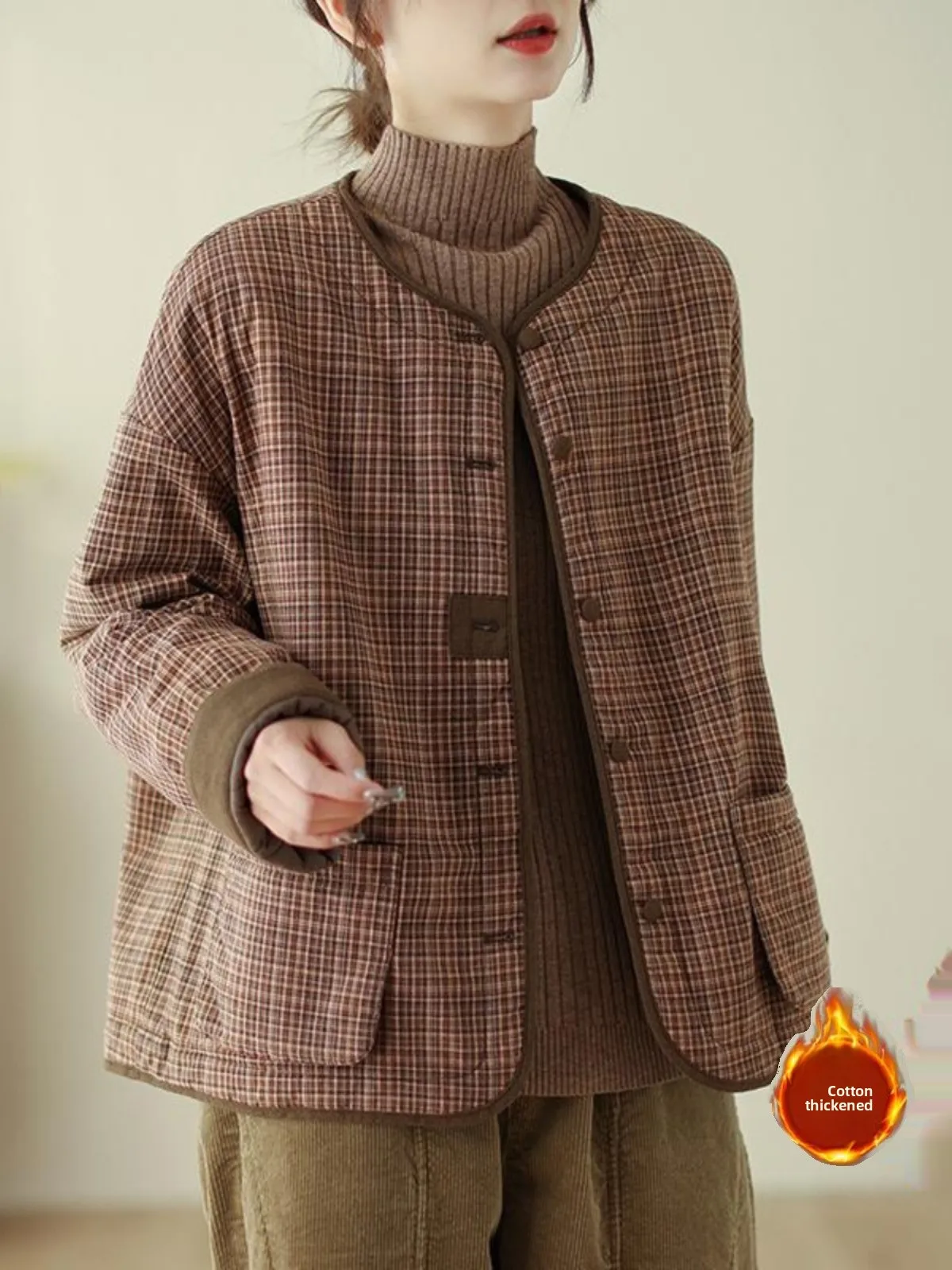 

Slimming Warmth Lightweight Winter Cotton Jacket Retro Plaid Long Sleeve Women's Outerwear Commute Style Single Button Closure