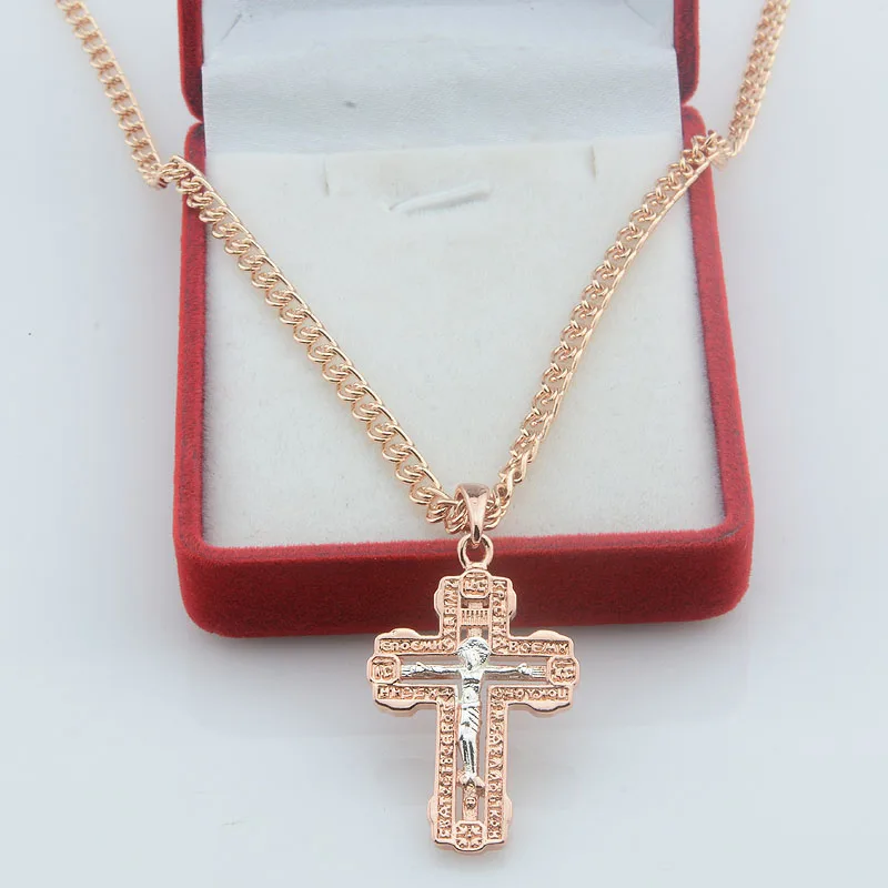 FJ Mens New White Cross Women 585 Rose Gold Color Necklace Pendants