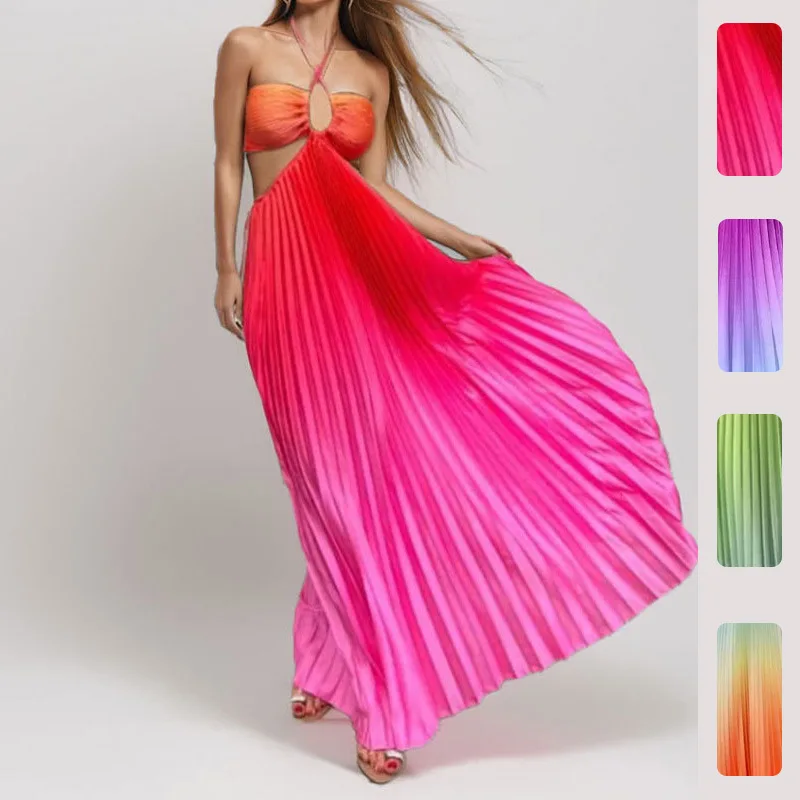 

FL 2026 Summer New Women Elegant Sexy Hollow Halter Gradient Color Long Dress Soft Light Breathable Chic Daily Casual Beach