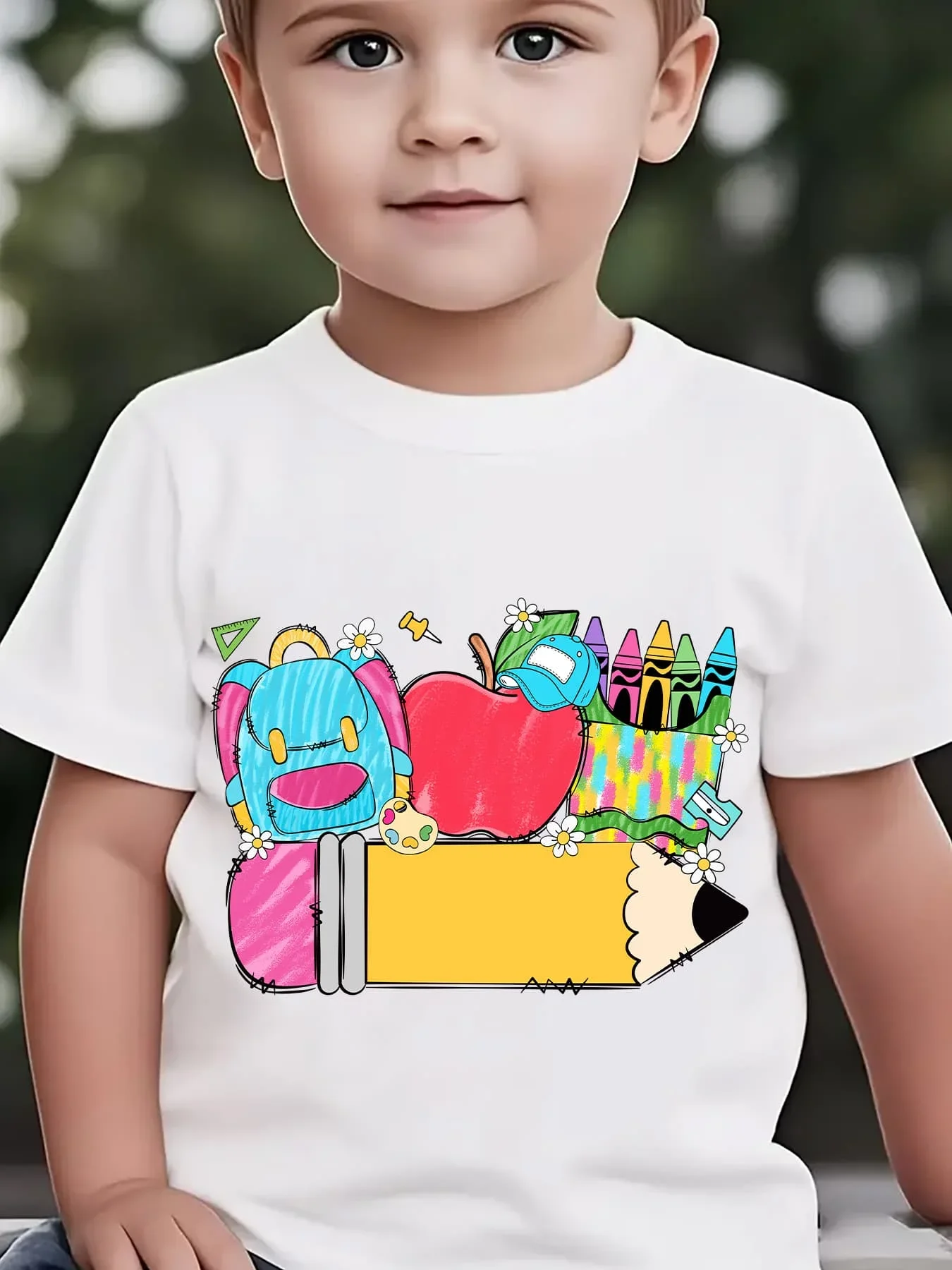 Kid Back To School Short Sleeve T Shirt Colorful School Supplies Pencil Apple Backpack Crayon Print Toddler Casual Crew Neck Top