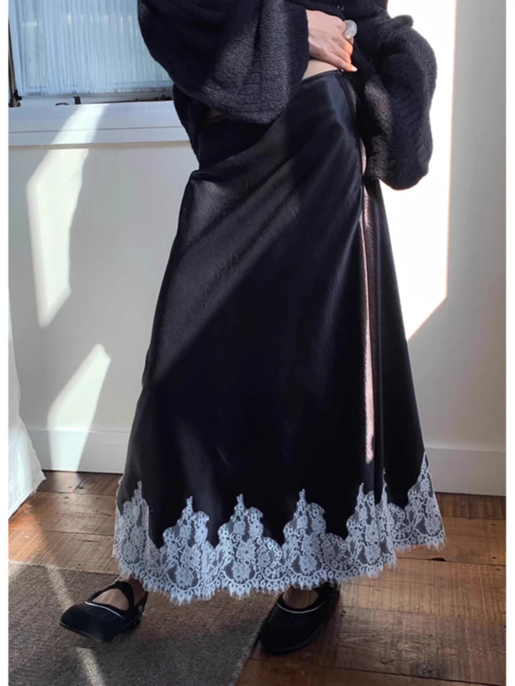 

Summer 2025 Women's White Lace Patchwork Satin Skirt High Waist Korean Style A-Line Elastic Waist Long Skirt Fashion Trend