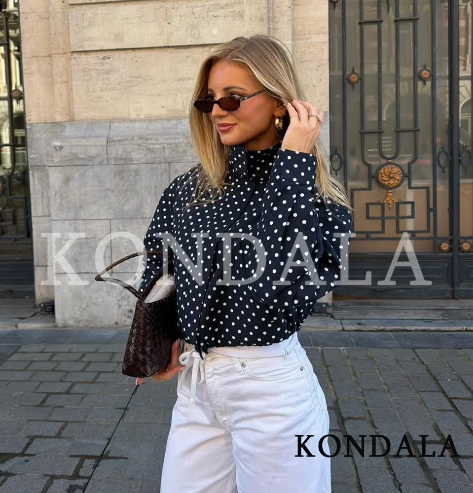 KONDALA Casual Polka Dot Jacket Women's Dark Navy Blue Stand Collar Jacket New 2026 Spring Summer Trendy High Street Lady Jacket