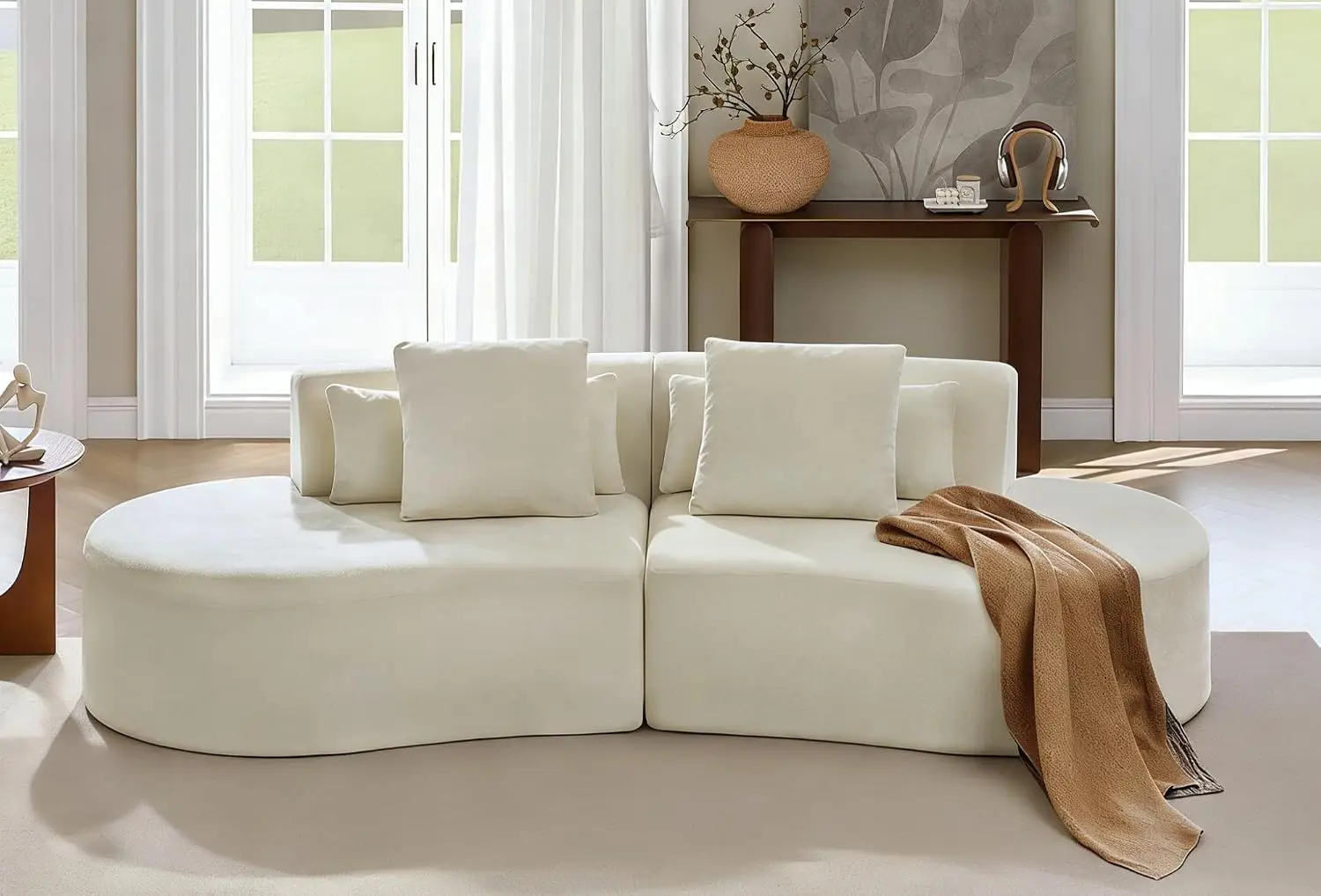 Curved Sectional Sofa with Lumbar & Throw Pillows, Modular Chenille Loveseat for Living Room Bedroom Office, Cream, Customized