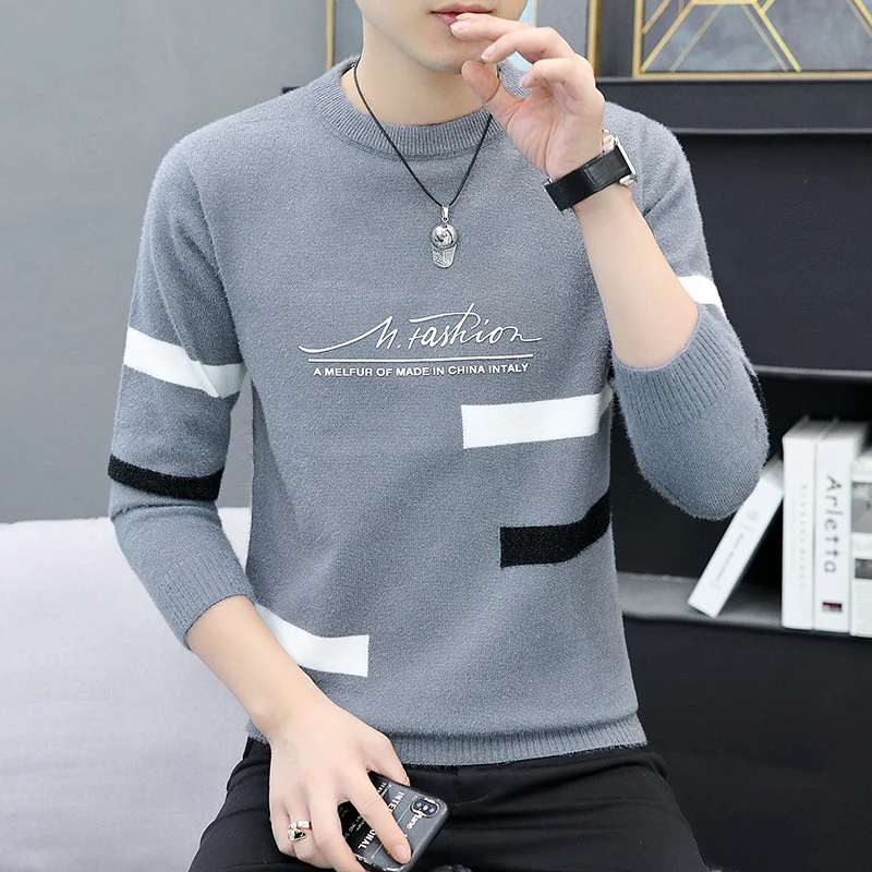 

Мужской свитер Slim Fit с круглым вырезом, вязаный, в стиле колор-блок, осенне-зимний, повседневный, из полиэстера, с длинным рукавом