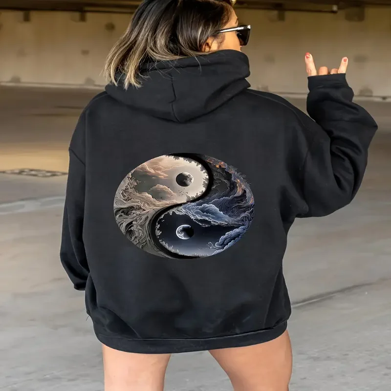 

Stylish Elegant Womens Hoodie Blue White Tai Chi Pattern Fashion Casual Comfortable Fit Sweatshirt Fall Winter Seasons Dailywear