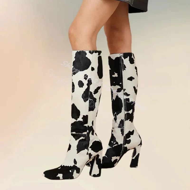 

Mixed Color Dairy Cow Print Horsehair Boots Side Zipper Women Shoes Chunky High Heels New Party Banquet 2024 Zapatos Para Mujere