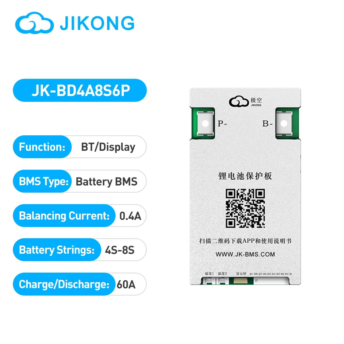 JIKONG BMS  JK-BD4A8S6P 12V 24V Lifepo4 Li-Ion Lto Battery  4S 5S 6S 7S 8S  Active Balance BMS 60A Balance Current 400mA