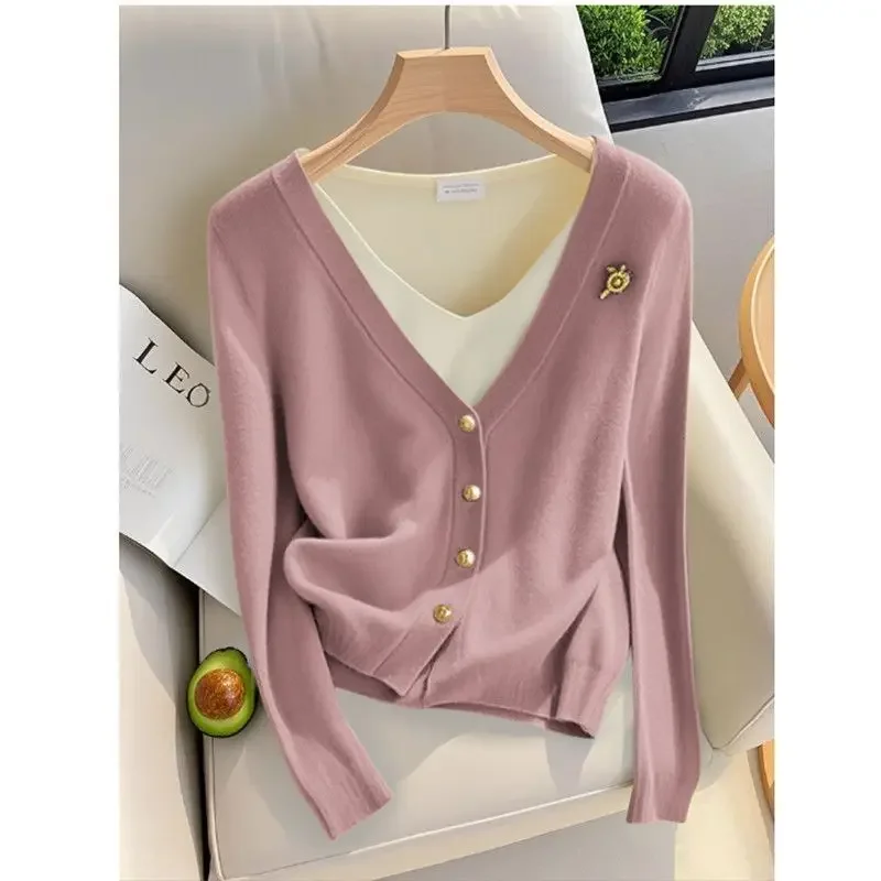 2024 Autumn New Fake Two Pieces Knitting Cardigan Interior Lapping Bottoming Shirt Ladies Simplicity Patchwork V-neck Sweater