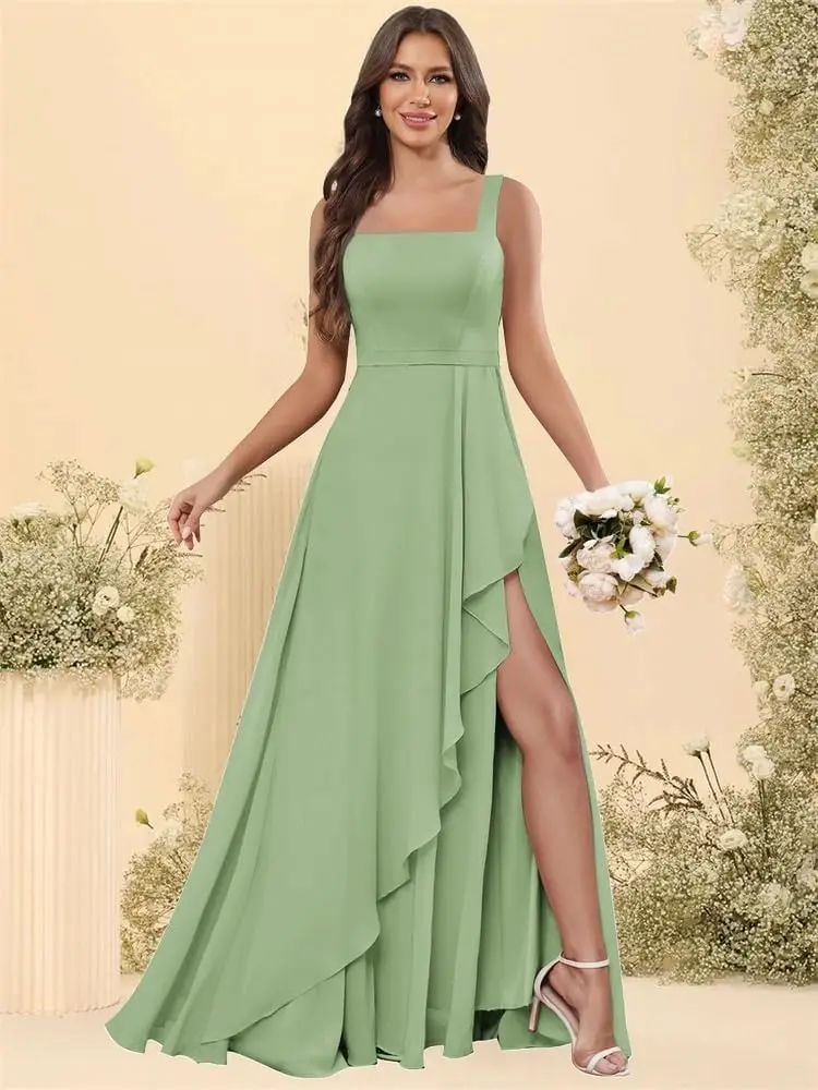 シフォン ブライズメイドドレス ロング スリット付き ノースリーブ プリーツ Aライン ロング フォーマルイブニングドレス エレガント ボールドレス フォーマルパーティードレス