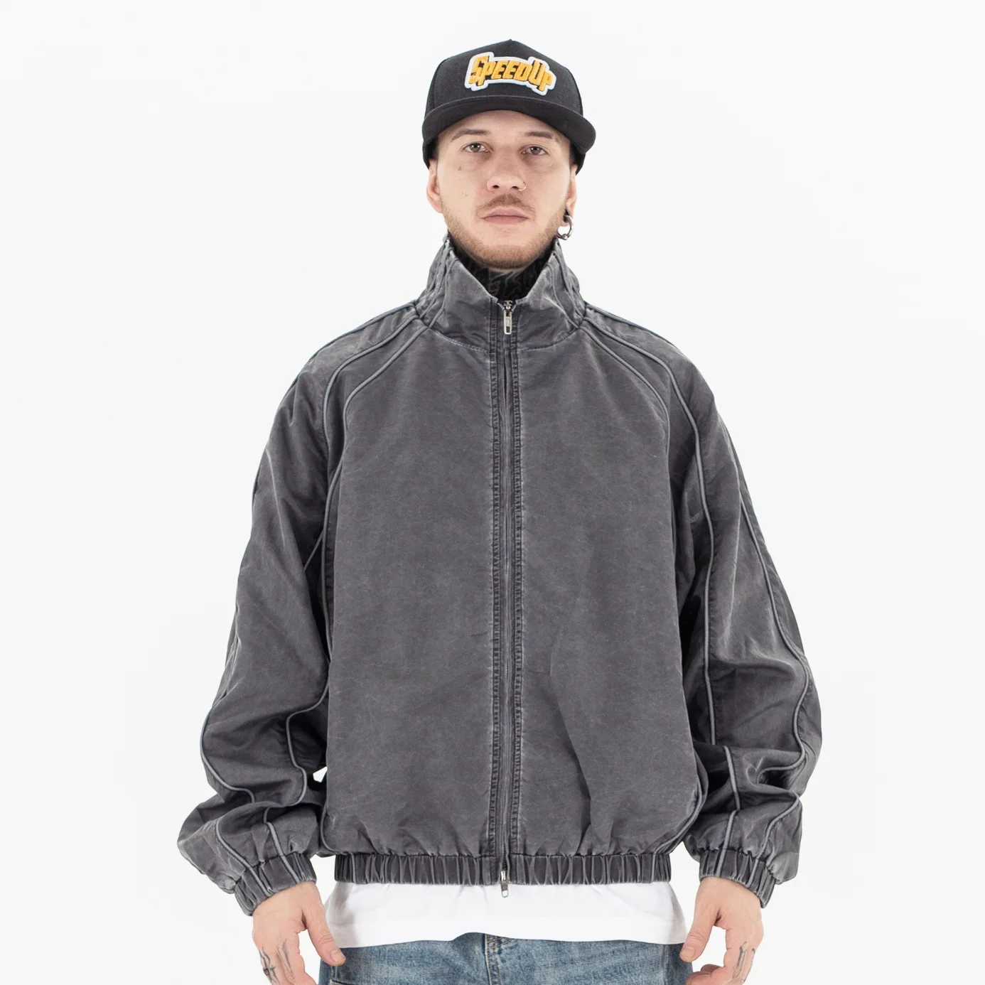 

2025 Autumn/Winter New Structural Design Solid Color Street Sports Wind Belt Rolling Edge Jacket Windbreaker Coat