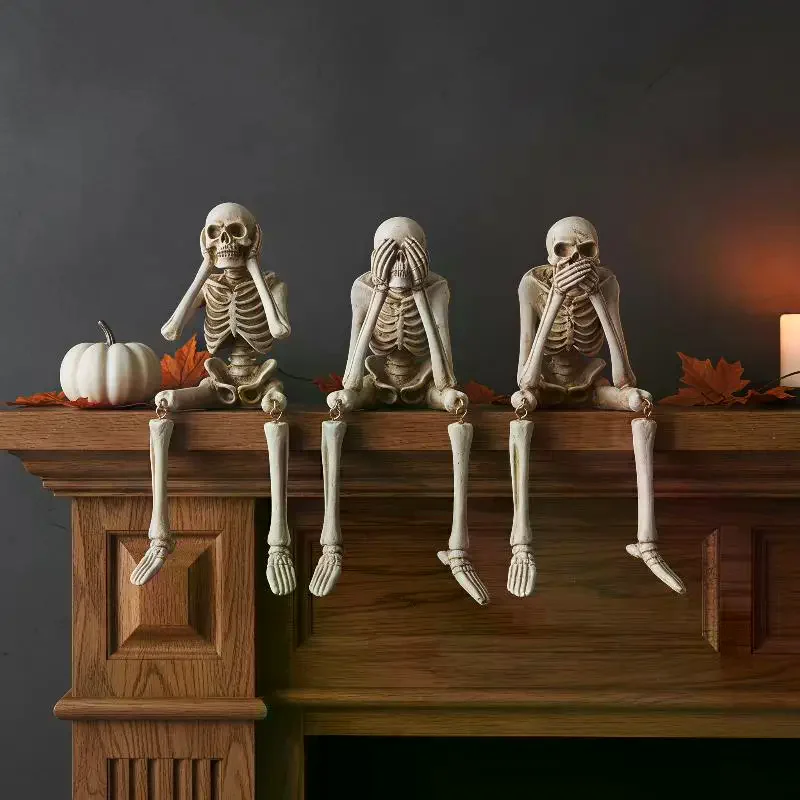Halloween Skeleton Decor 3 Pcs Resin See Hear Speak No  Figurines for Gothic Home Desktop Shelf Ornament