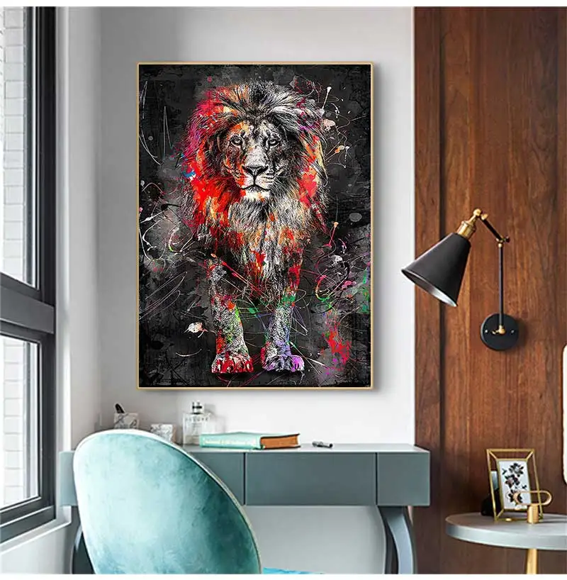 Artwork Canvas Painting Home Decoration Abstract Colorful Lion Painting Modern Animal Wall Art Picture Cuadros for