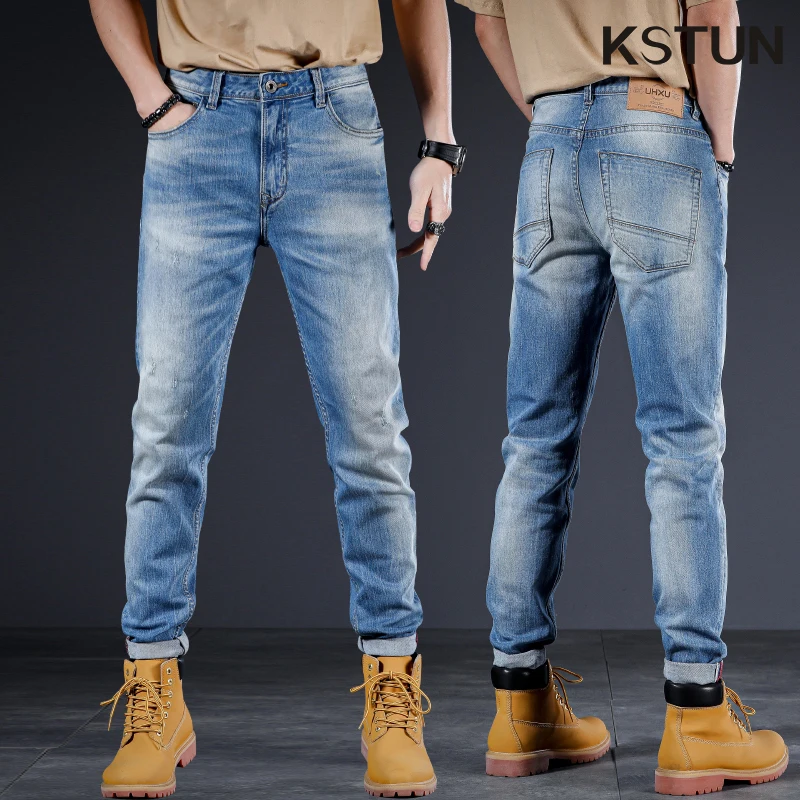 

Light Blue Jeans Men Stretch Denim Pants High Quality Slim Straight Men's Trousers Sky Blue Clothing Streetwear Casual Pants