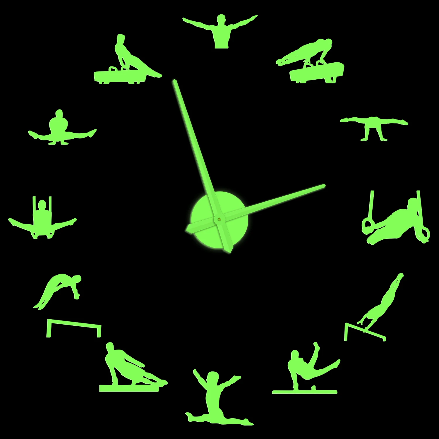 Mens Gynmastics Modern Design Luminous Wall Clock Glow In Dark Home Decor Male Gymnast Sports Silent DIY Wall Art Giant Watch