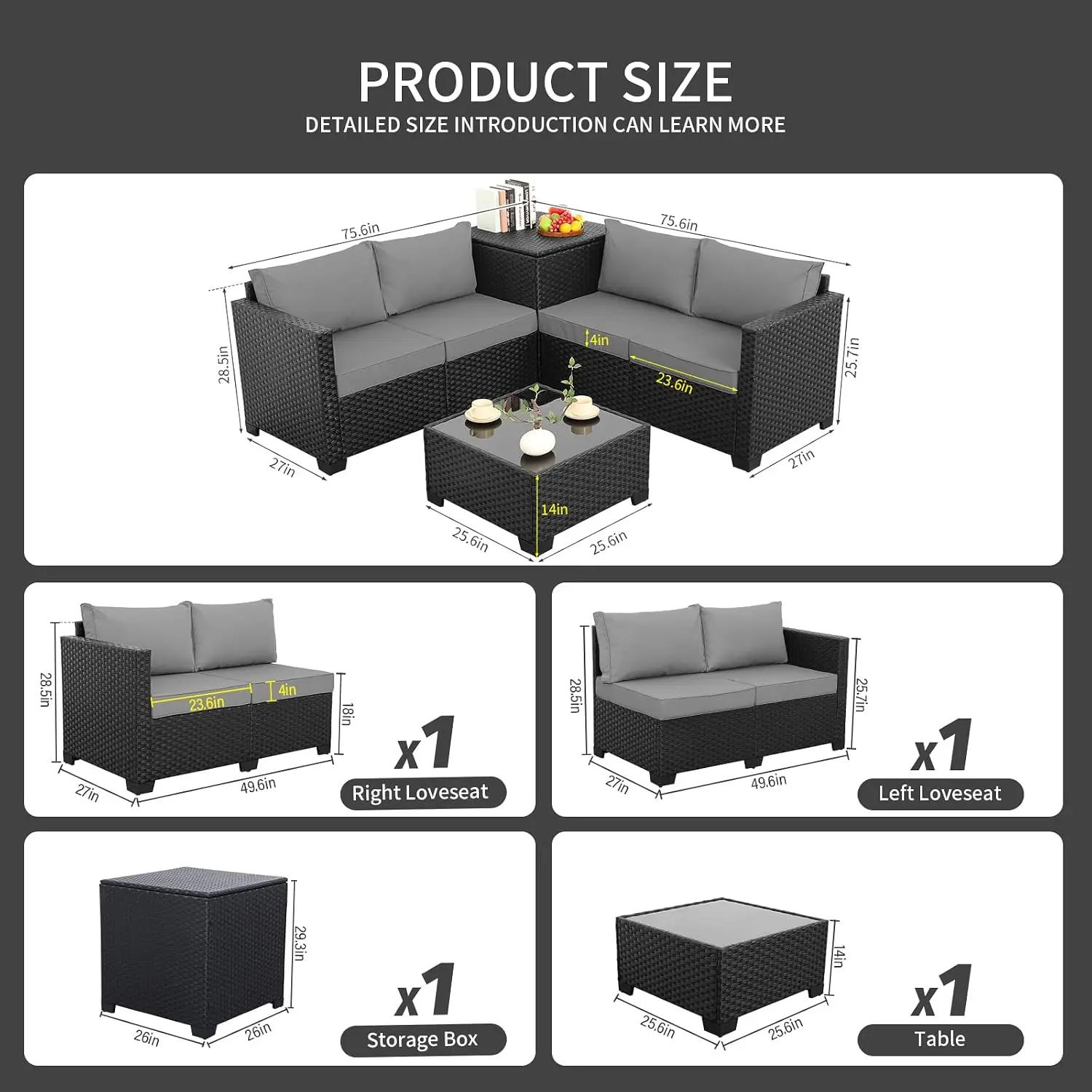Black Outdoor Sofa Loveseat Set With Storage Box Glass Top Table Grey Cushion, Customized