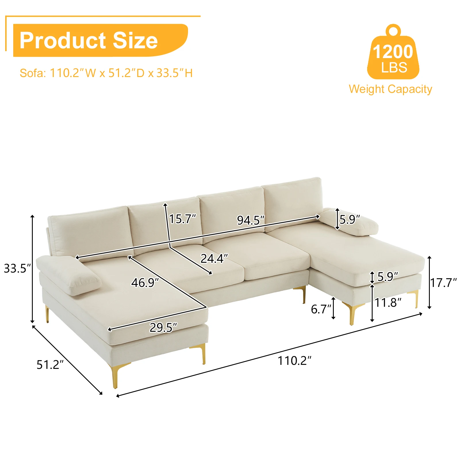 280*130*85 U-Shaped 4-Seat Linen Seat Frame Wooden Frame Back Iron Frame Golden Feet Indoor Modular Sofa Beige