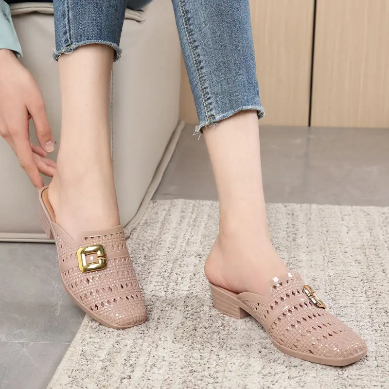 2024 New Women Hollow Out  Slippers,Summer Mid Heels,Soft Beach Shoes,Buckle Slides,Outside Footwear,BLACK,APRICOT,RED,Dropship