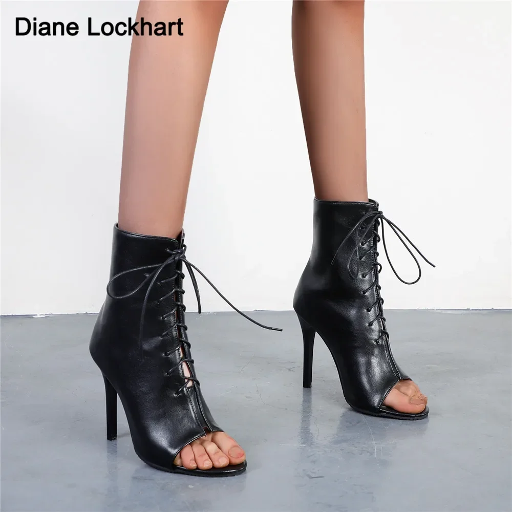 

Женские модные летние ботинки с открытым носком на высоком каблуке, сандалии-гладиаторы на шнуровке, повседневные вечерние ботильоны на шпильке 10 см, размеры 32–43 черного цвета