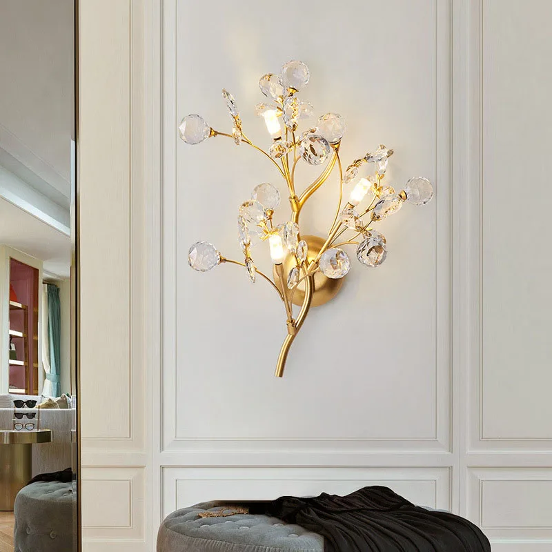 Romantic Flowers Branches G4 Bulb Wall Lights Clear Crystal Living Room Bedroom Decoration Sconce Gold Metal Drop Shipping