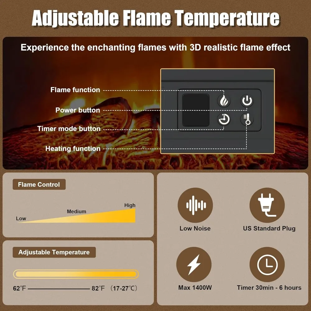 حامل تلفزيون مدفأة لتلفزيون 65 بوصة، مركز ترفيه مع مدفأة كهربائية 18 بوصة وأضواء LED، وحدة تحكم الوسائط الحديثة مع