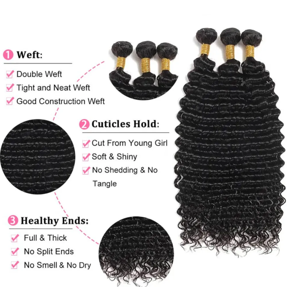 Deep Wave Human Hair Bundles Natural Black Color #1B Frontal 13x4 Lace Curly Human Hair Bundles With Closure Extensions 30 Inch