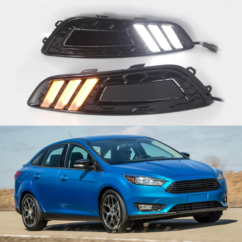 

LED DRL Car Daytime Running Light Front Bumper Driving Fog Lamps Assembly with Turn Signal Accessories For Ford Focus 2015 2016