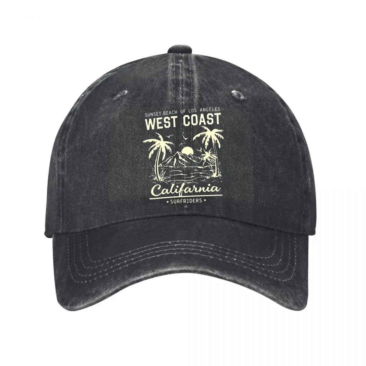 West Coast California Sunset Palm Surfriders Graphic New Vintage Washed Cotton Baseball Cap Sun Hats