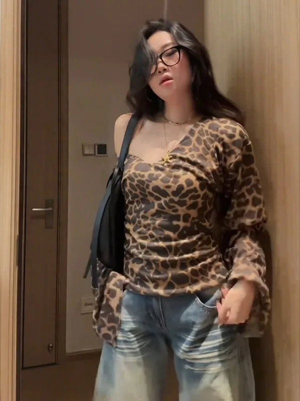 

plus Size Women's Vintage Sle oulder Bared Long Sve Leopard Print Bell Bot Top Autumn Faion Casual Wear