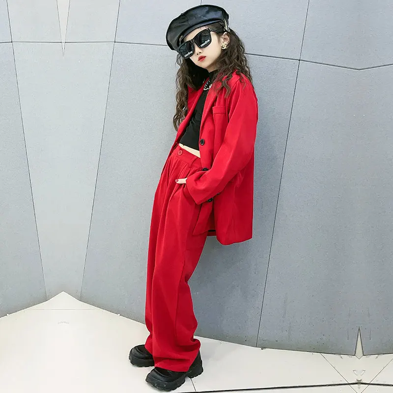 Girls Red Blazer Suits Clothing Sets Spring Autumn Kids Jackets+Pants Fashion Loose Formal Teenager Casual Outfits 5-14Years Old