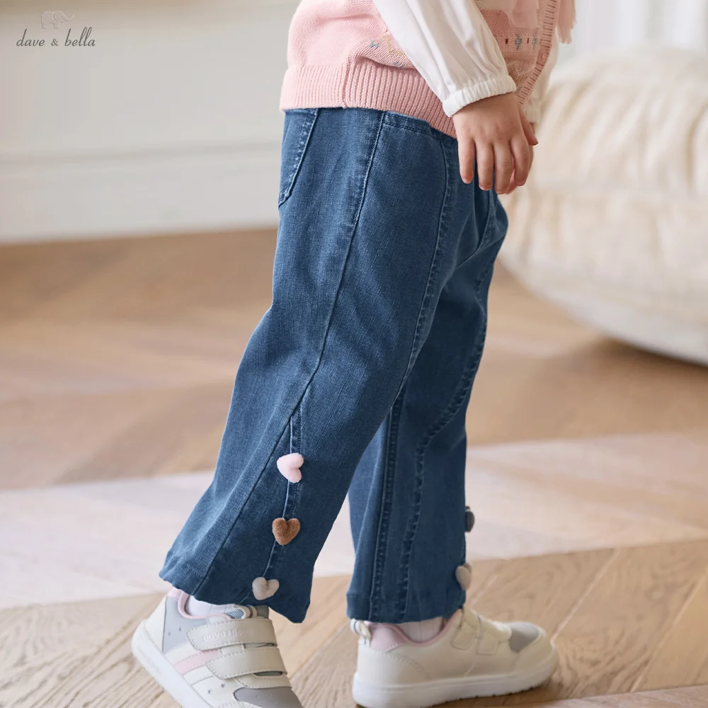 Dave Bella Children Denim Blue Jeans Autumn Spring Girl Pant Clothes Straight Trousers Casual Wide Leg Elastic Fashion DB3263018