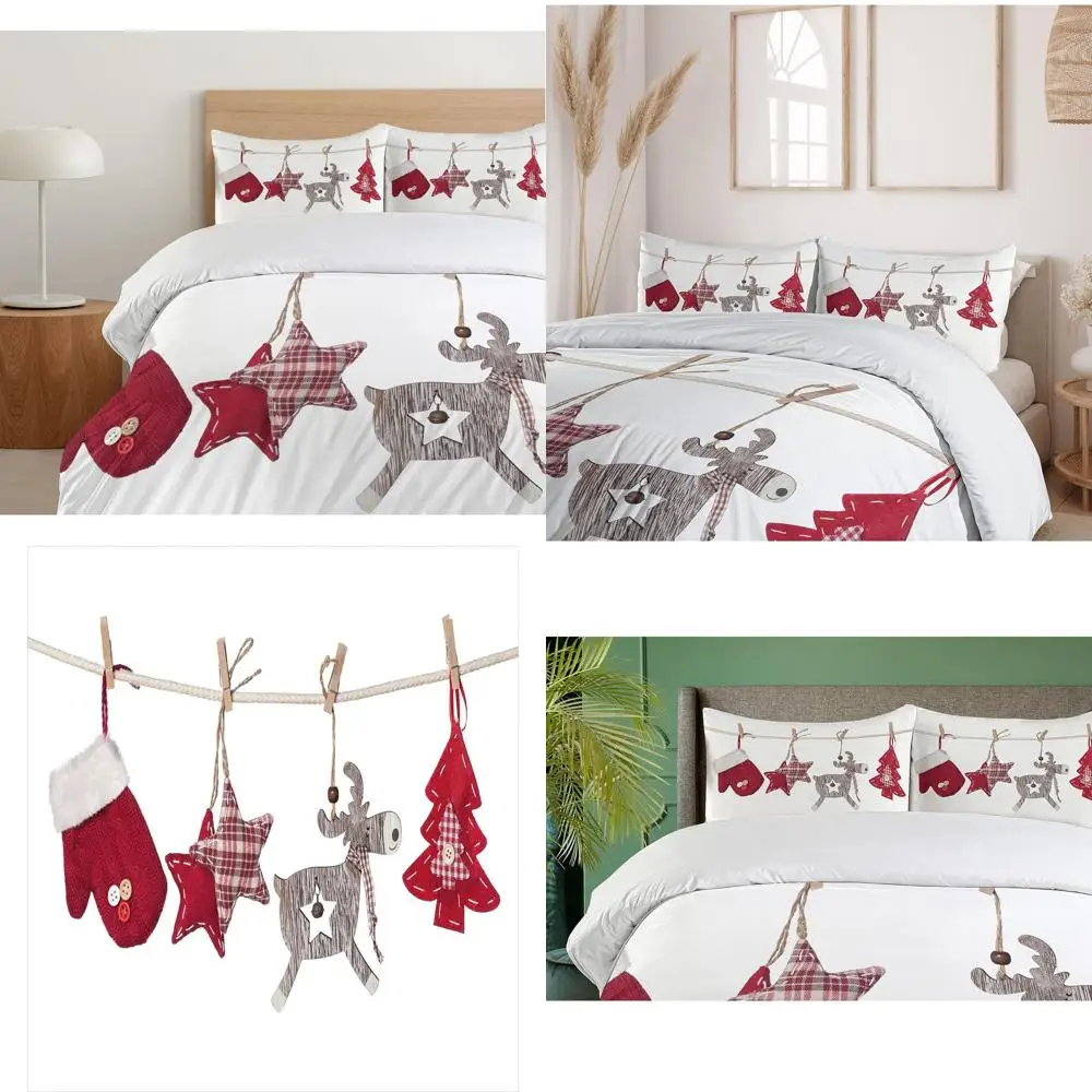 

Retro Christmas Decor 3-Piece Bedding Set with Pillow Shams, Traditional Holiday Theme, California King, Red, Cream, and Tan