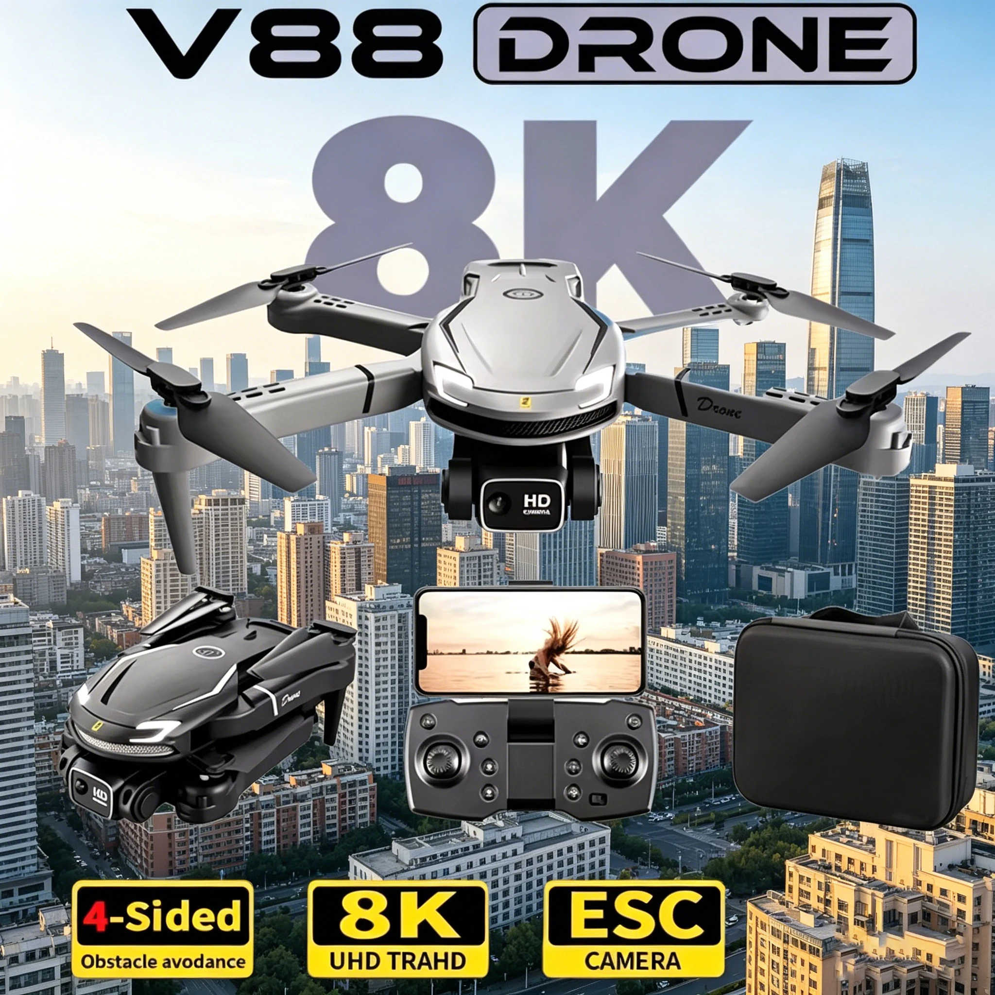 Dron V88 Original en Oferta, 8KGPS, Fotografía Aérea Profesional HD, Cámara Dual, Plegable, Control Remoto, Quadcopter, Regalo